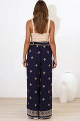 Alesia Pants - High Waisted Embroidered Pants with Belt in Selena Print Navy