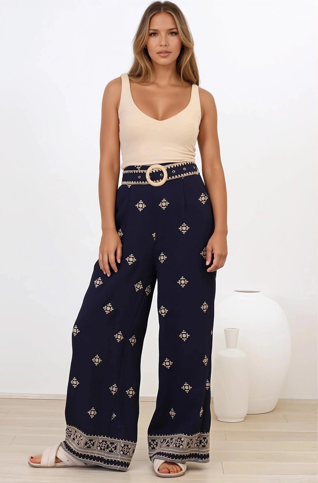 Alesia Pants - High Waisted Embroidered Pants with Belt in Selena Print Navy