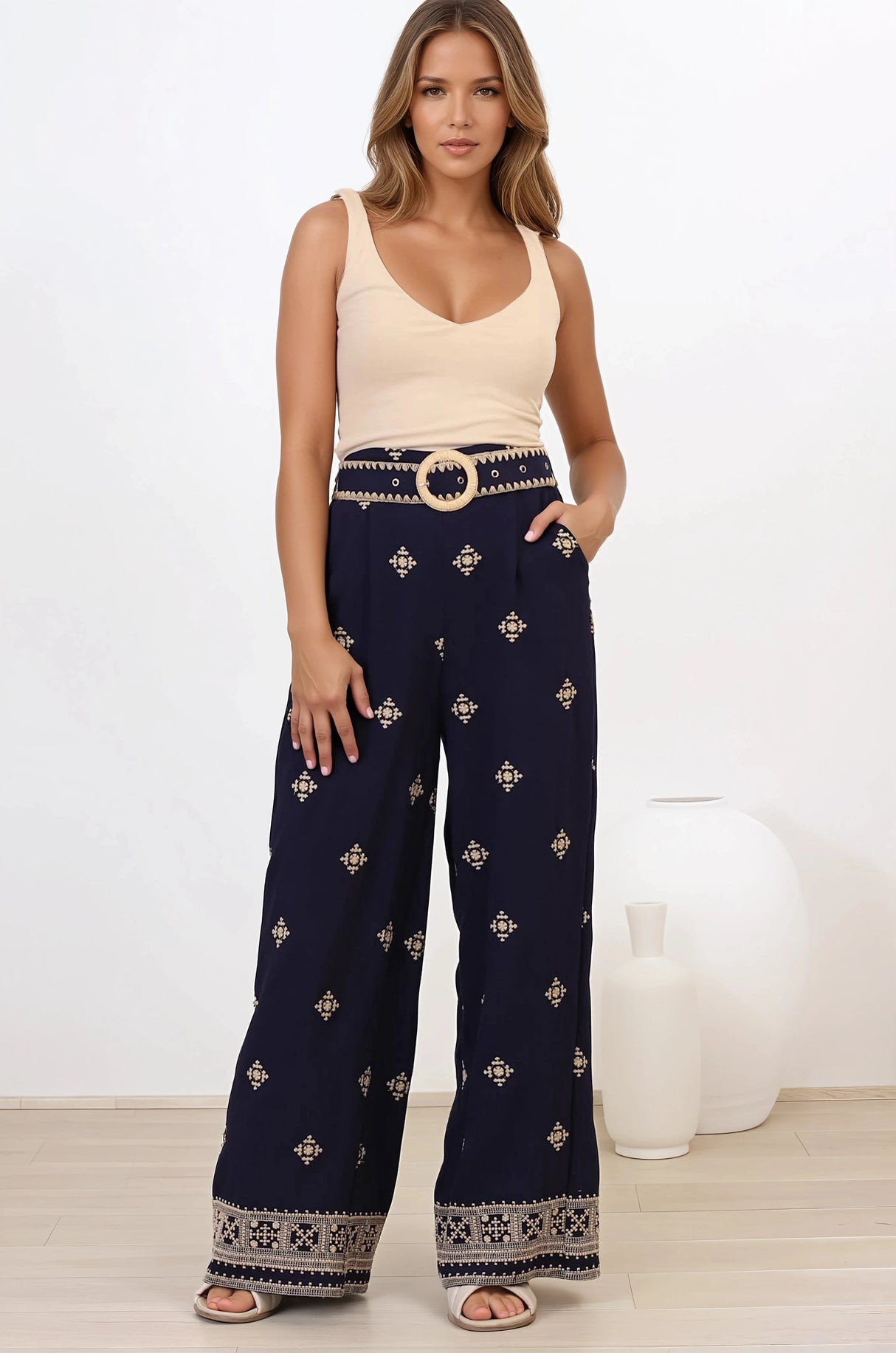 Alesia Pants - High Waisted Embroidered Pants with Belt in Selena Print Navy