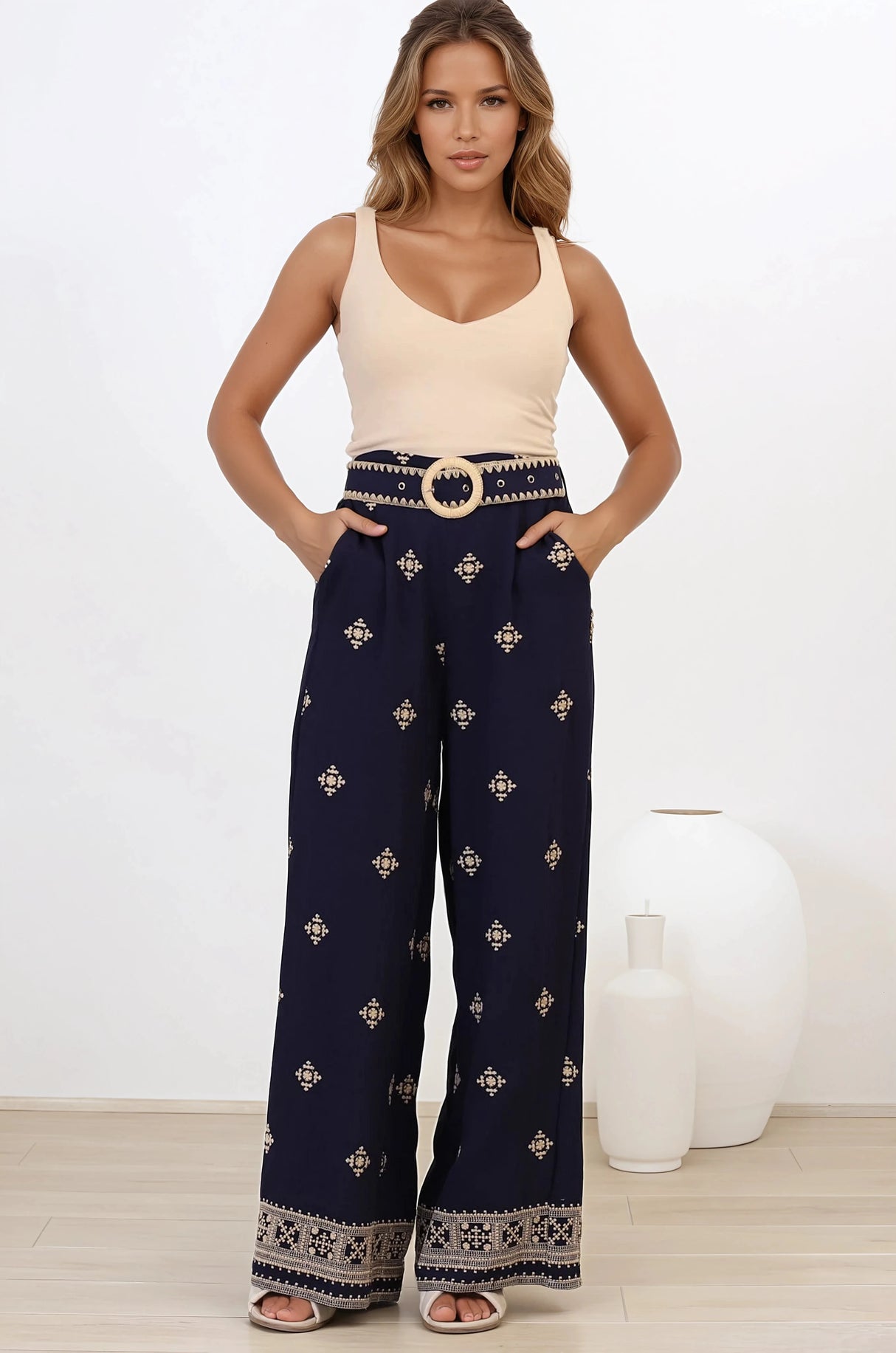 Alesia Pants - High Waisted Embroidered Pants with Belt in Selena Print Navy