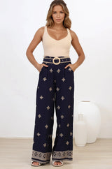 Alesia Pants - High Waisted Embroidered Pants with Belt in Selena Print Navy