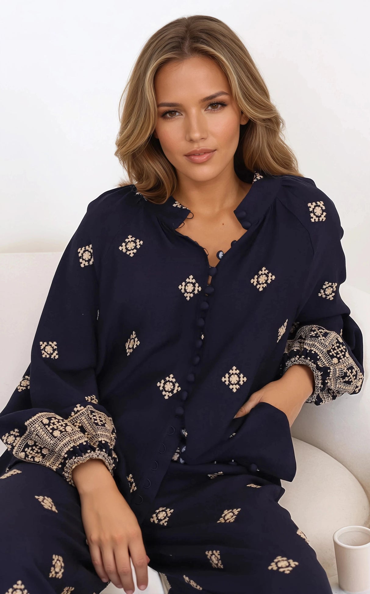 Alexi Blouse - Mandarin Collar Embroidered Button-Down Shirt in Selena Print Navy