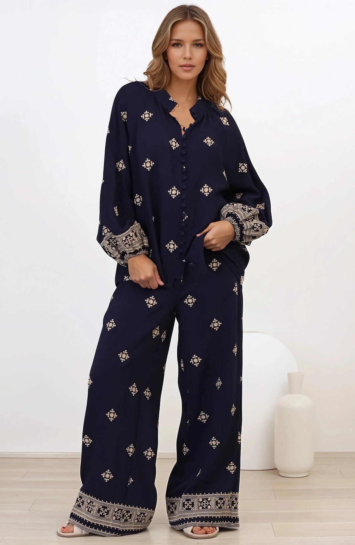 Alexi Blouse - Mandarin Collar Embroidered Button-Down Shirt in Selena Print Navy