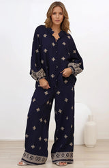 Alexi Blouse - Mandarin Collar Embroidered Button-Down Shirt in Selena Print Navy