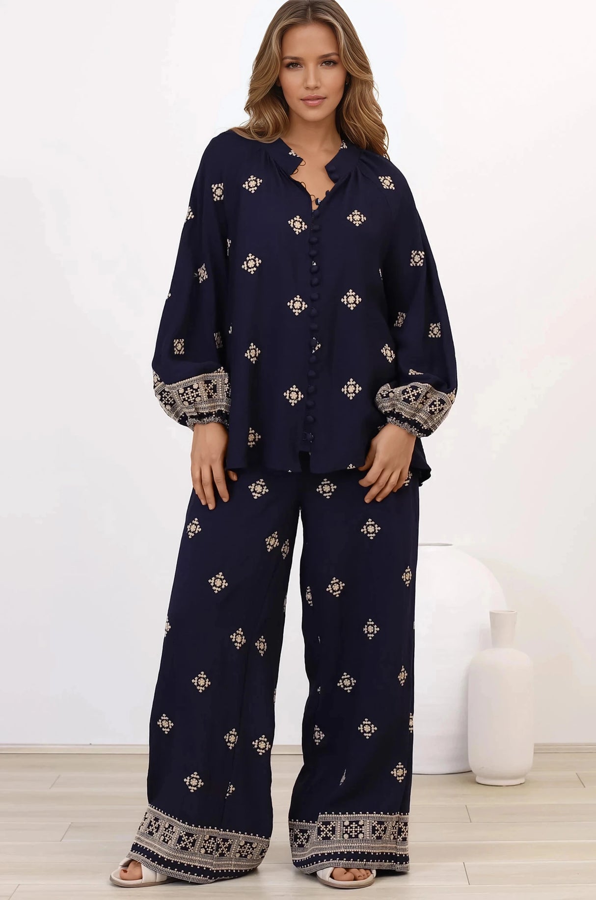 Alexi Blouse - Mandarin Collar Embroidered Button-Down Shirt in Selena Print Navy