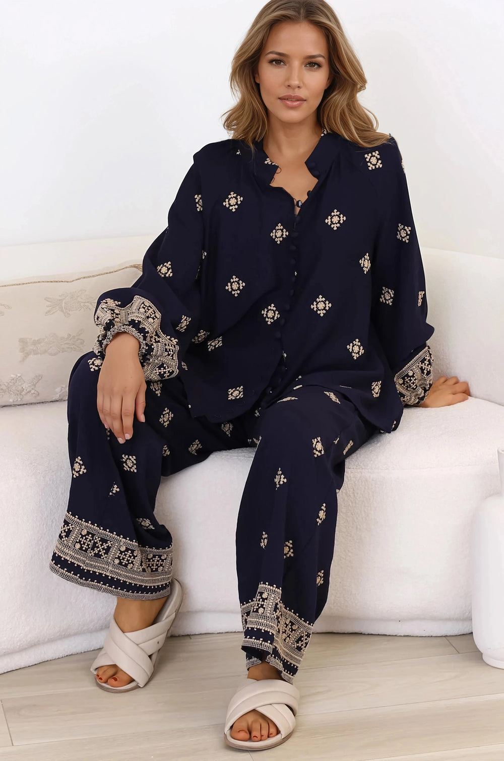 Alesia Pants - High Waisted Embroidered Pants with Belt in Selena Print Navy
