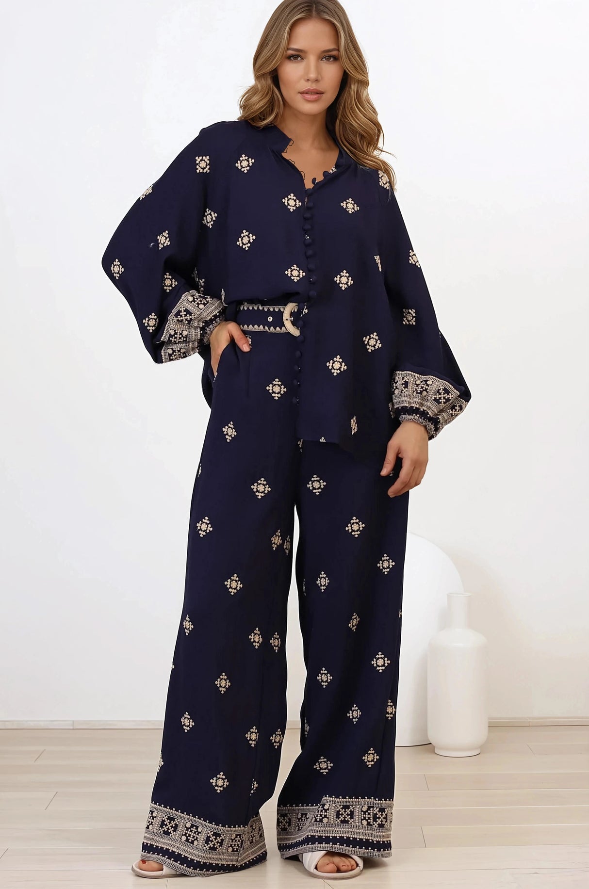 Alesia Pants - High Waisted Embroidered Pants with Belt in Selena Print Navy