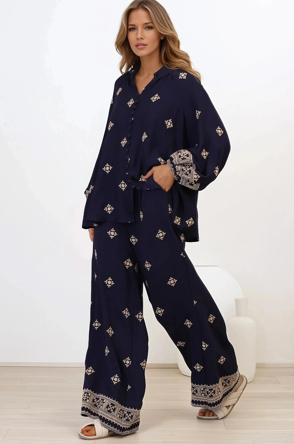 Alesia Pants - High Waisted Embroidered Pants with Belt in Selena Print Navy