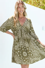 Alessia Mini Dress - Empire Waist Swing Dress with Open Tie Back Detail with Balloon Sleeves in Barley Print Khaki