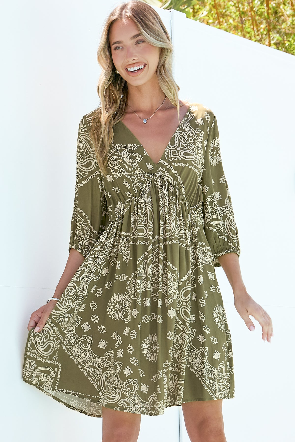 Alessia Mini Dress - Empire Waist Swing Dress with Open Tie Back Detail with Balloon Sleeves in Barley Print Khaki