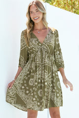 Alessia Mini Dress - Empire Waist Swing Dress with Open Tie Back Detail with Balloon Sleeves in Barley Print Khaki