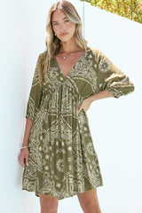 Alessia Mini Dress - Empire Waist Swing Dress with Open Tie Back Detail with Balloon Sleeves in Barley Print Khaki