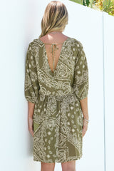 Alessia Mini Dress - Empire Waist Swing Dress with Open Tie Back Detail with Balloon Sleeves in Barley Print Khaki
