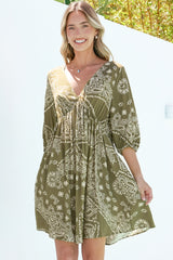 Alessia Mini Dress - Empire Waist Swing Dress with Open Tie Back Detail with Balloon Sleeves in Barley Print Khaki
