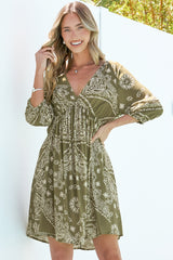 Alessia Mini Dress - Empire Waist Swing Dress with Open Tie Back Detail with Balloon Sleeves in Barley Print Khaki