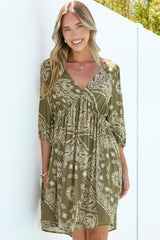 Alessia Mini Dress - Empire Waist Swing Dress with Open Tie Back Detail with Balloon Sleeves in Barley Print Khaki