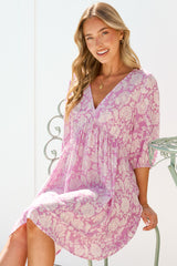 Alessia Mini Dress - Empire Waist Swing Dress with Open Tie Back Detail with Balloon Sleeves in Emmie Print Lilac