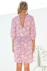 Alessia Mini Dress - Empire Waist Swing Dress with Open Tie Back Detail with Balloon Sleeves in Emmie Print Lilac