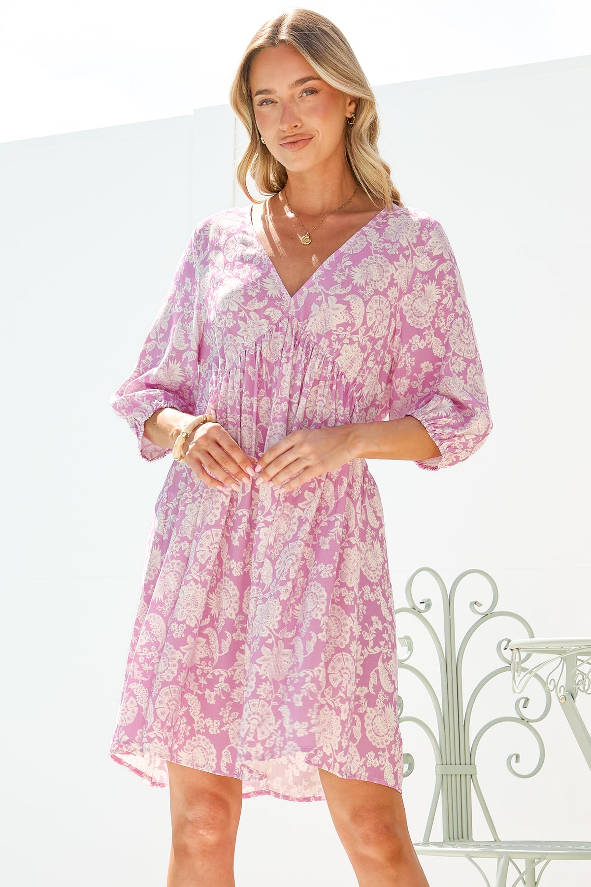 Alessia Mini Dress - Empire Waist Swing Dress with Open Tie Back Detail with Balloon Sleeves in Emmie Print Lilac