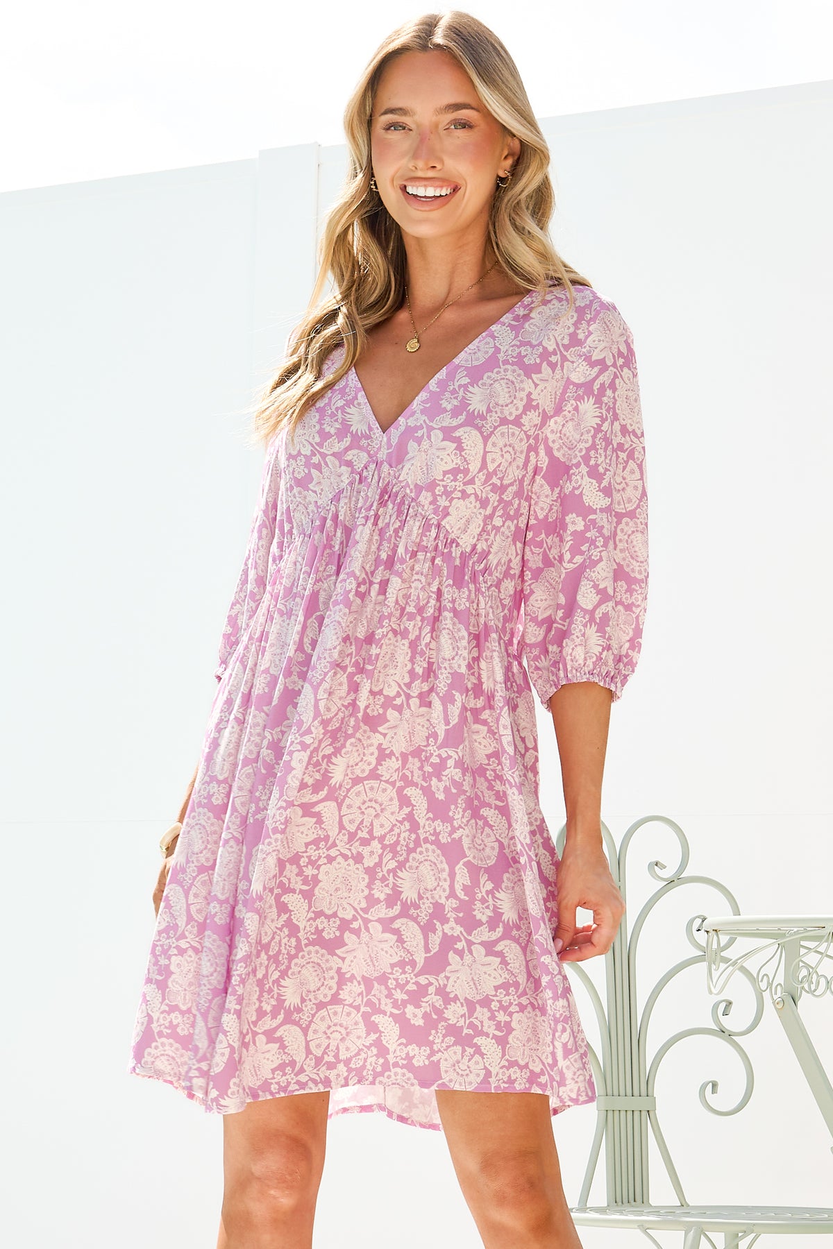Alessia Mini Dress - Empire Waist Swing Dress with Open Tie Back Detail with Balloon Sleeves in Emmie Print Lilac
