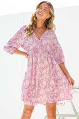 Alessia Mini Dress - Empire Waist Swing Dress with Open Tie Back Detail with Balloon Sleeves in Emmie Print Lilac