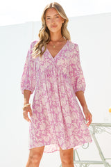 Alessia Mini Dress - Empire Waist Swing Dress with Open Tie Back Detail with Balloon Sleeves in Emmie Print Lilac