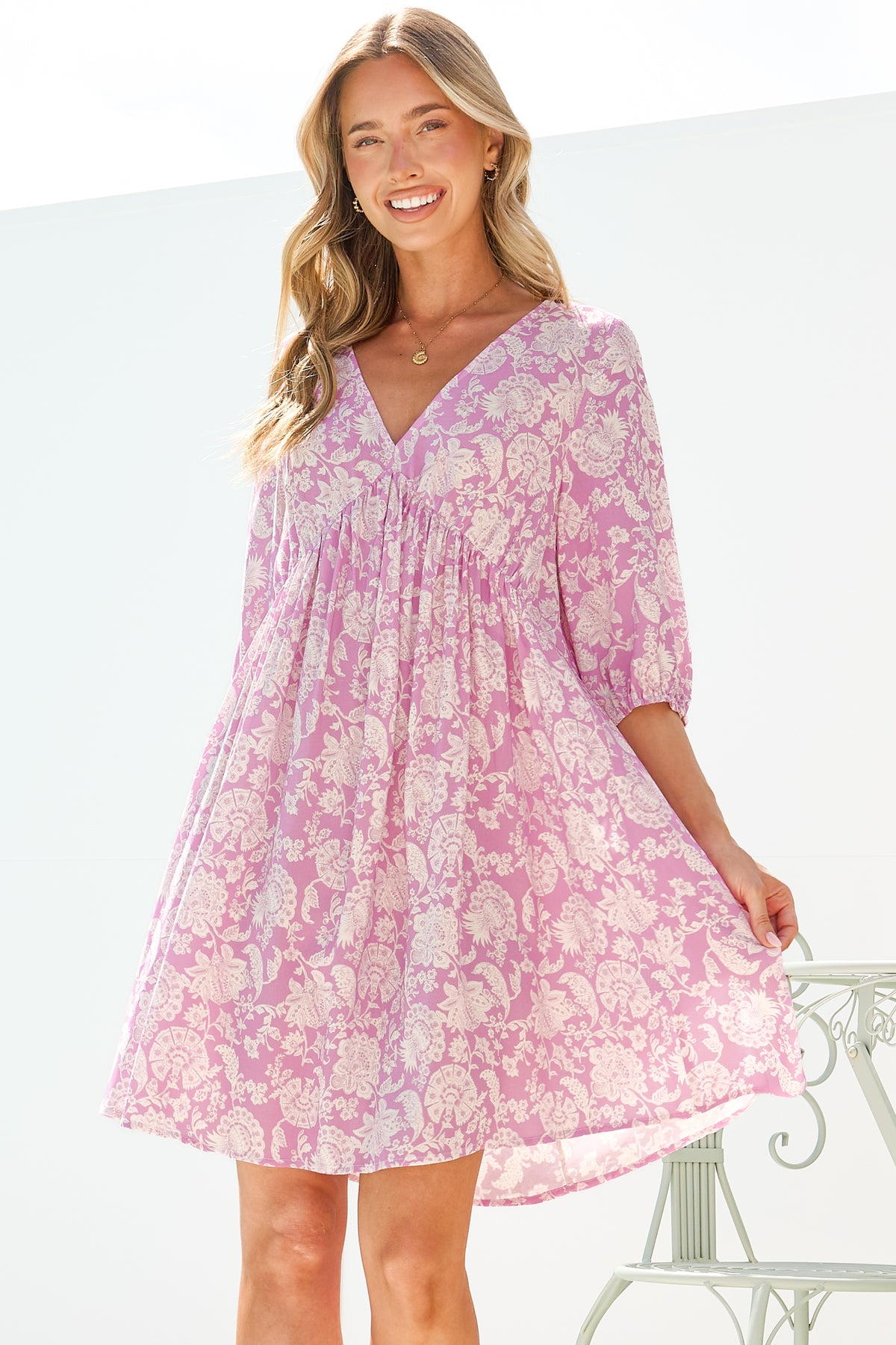 Alessia Mini Dress - Empire Waist Swing Dress with Open Tie Back Detail with Balloon Sleeves in Emmie Print Lilac