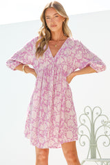 Alessia Mini Dress - Empire Waist Swing Dress with Open Tie Back Detail with Balloon Sleeves in Emmie Print Lilac