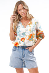 Alettie Blouse - Frill Collar Balloon Sleeve Button Down in Tavira Print