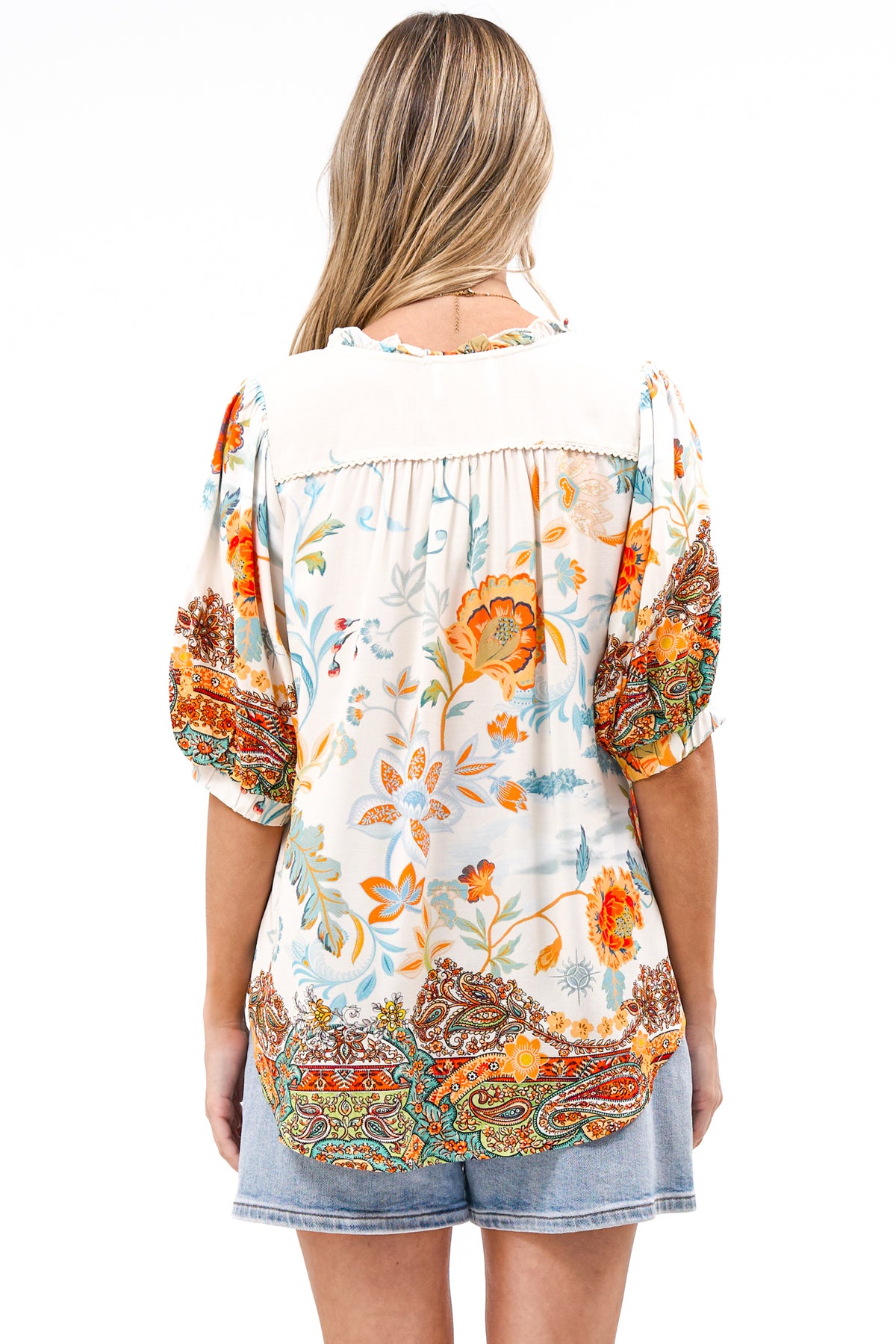Alettie Blouse - Frill Collar Balloon Sleeve Button Down in Tavira Print