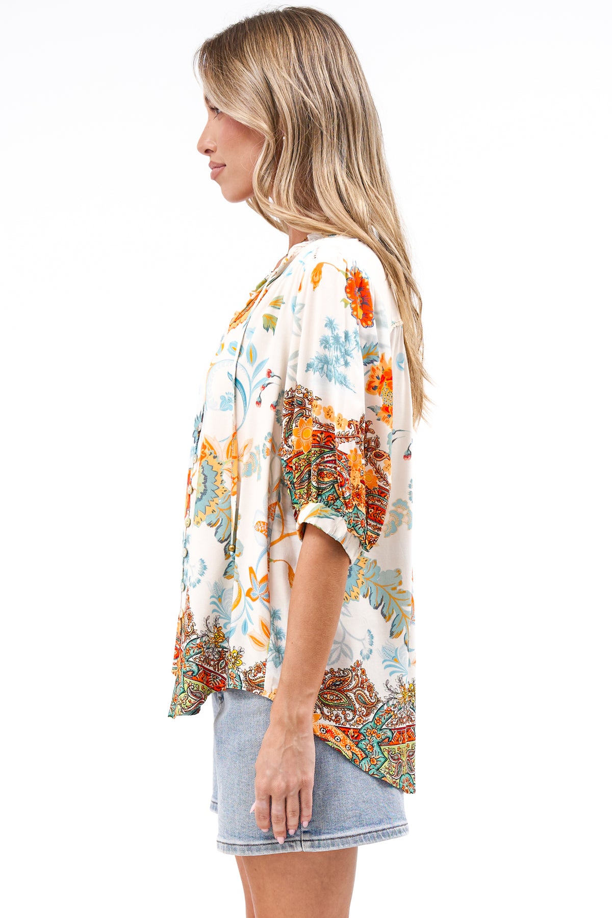Alettie Blouse - Frill Collar Balloon Sleeve Button Down in Tavira Print
