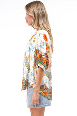 Alettie Blouse - Frill Collar Balloon Sleeve Button Down in Tavira Print