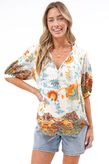 Alettie Blouse - Frill Collar Balloon Sleeve Button Down in Tavira Print