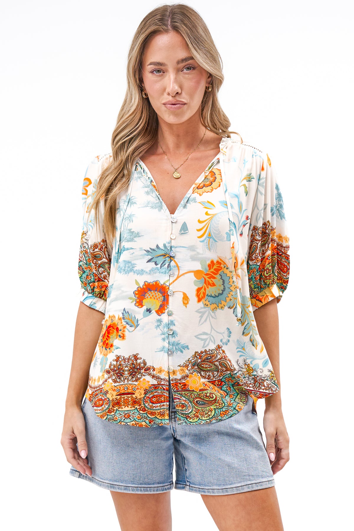 Alettie Blouse - Frill Collar Balloon Sleeve Button Down in Tavira Print