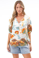 Alettie Blouse - Frill Collar Balloon Sleeve Button Down in Tavira Print