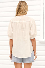 Alettie Blouse - Frill Collar Balloon Sleeve Button Down in White