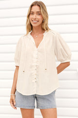 Alettie Blouse - Frill Collar Balloon Sleeve Button Down in White