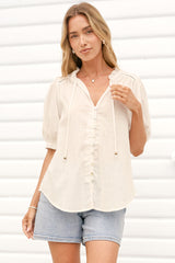 Alettie Blouse - Frill Collar Balloon Sleeve Button Down in White