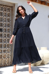 Alexander Maxi Dress - Mandarin Collar Tiered Dress with 3/4 Hollow Out Detailed Sleeves in Navy