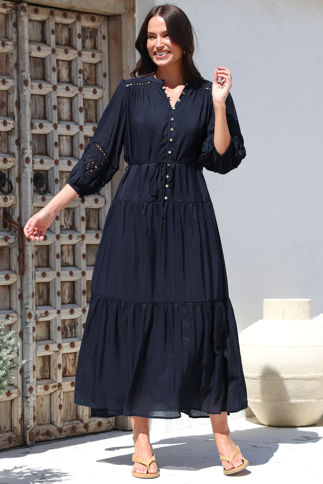 Model wearing Alexander Maxi Dress in Navy from Salty Crush