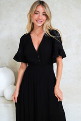 Alexandra Maxi Dress - Delicate Lace Detailed A-Line Dress with Short Sleeves in Black