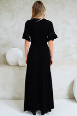 Alexandra Maxi Dress - Delicate Lace Detailed A-Line Dress with Short Sleeves in Black