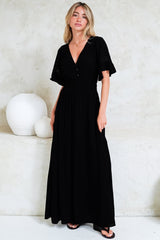 Alexandra Maxi Dress - Delicate Lace Detailed A-Line Dress with Short Sleeves in Black