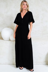 Alexandra Maxi Dress - Delicate Lace Detailed A-Line Dress with Short Sleeves in Black