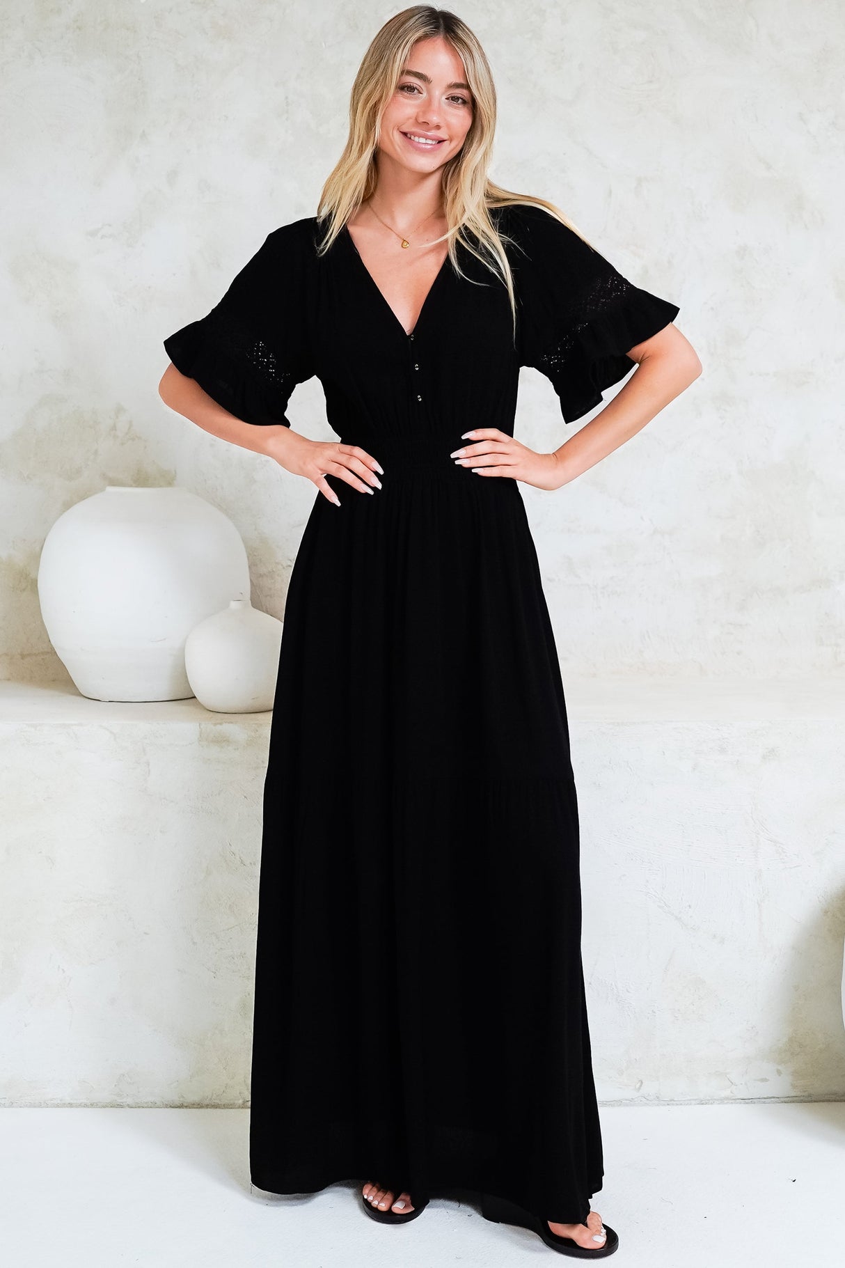 Alexandra Maxi Dress - Delicate Lace Detailed A-Line Dress with Short Sleeves in Black