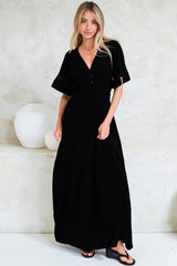 Alexandra Maxi Dress - Delicate Lace Detailed A-Line Dress with Short Sleeves in Black