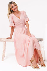 Alexandra Maxi Dress - Delicate Lace Detailed A-Line Dress with Short Sleeves in Blush