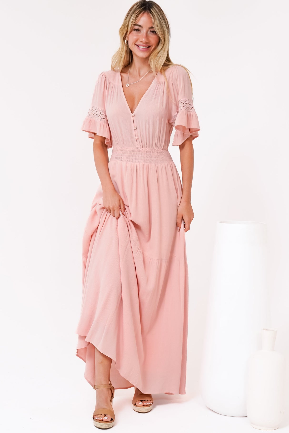 Alexandra Maxi Dress - Delicate Lace Detailed A-Line Dress with Short Sleeves in Blush