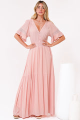 Alexandra Maxi Dress - Delicate Lace Detailed A-Line Dress with Short Sleeves in Blush