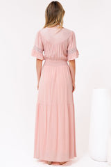 Alexandra Maxi Dress - Delicate Lace Detailed A-Line Dress with Short Sleeves in Blush